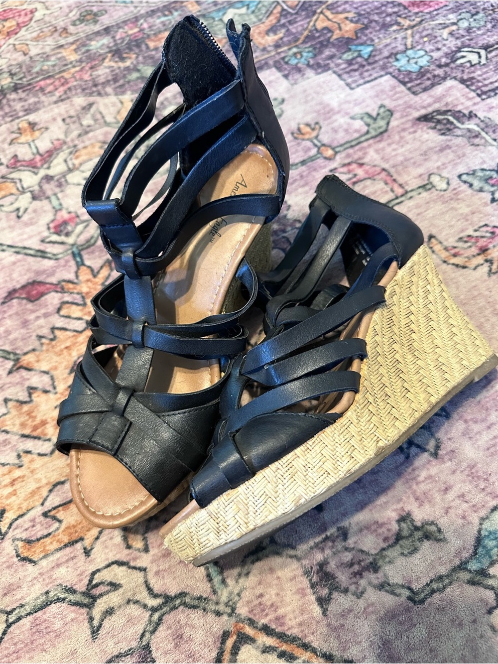 American Eagle Espadrille Wedge Strappy Sandals - Black